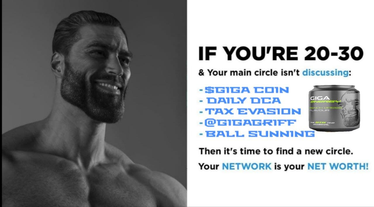 Confident man promotes financial ideas and Giga energy drink.
