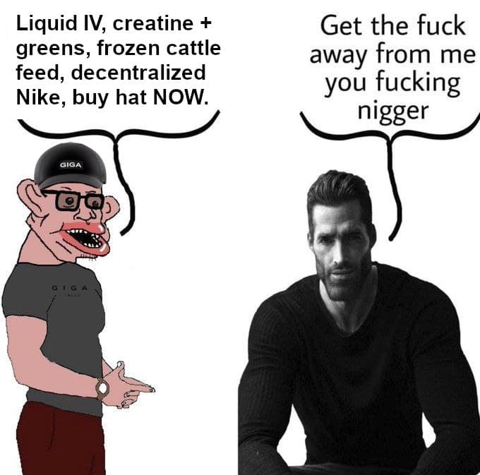 A cartoon character promotes a diet, muscular man shows disdain.