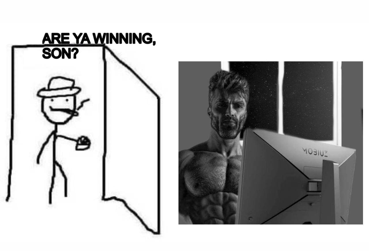 A stick figure asks a muscular man about gaming success.