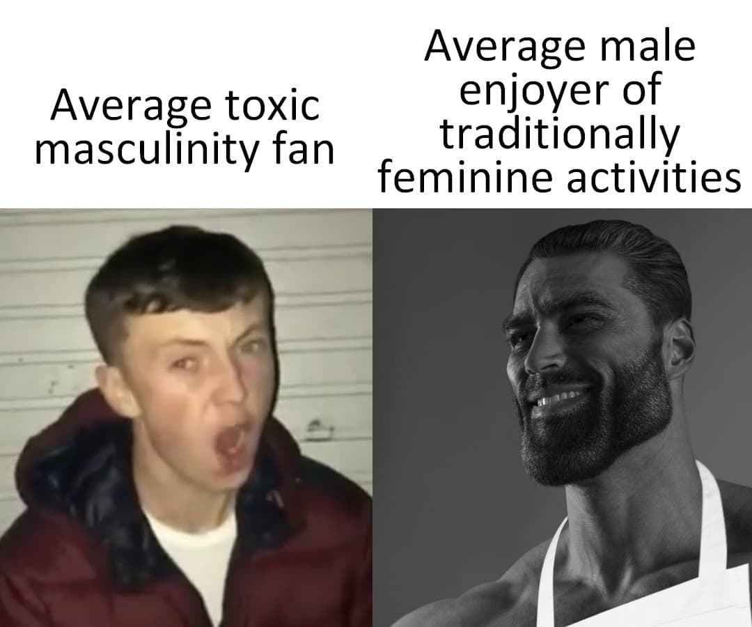 Contrasting images of toxic masculinity and a confident man in an apron.