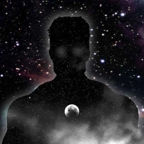 Silhouette of a muscular figure in a cosmic setting.