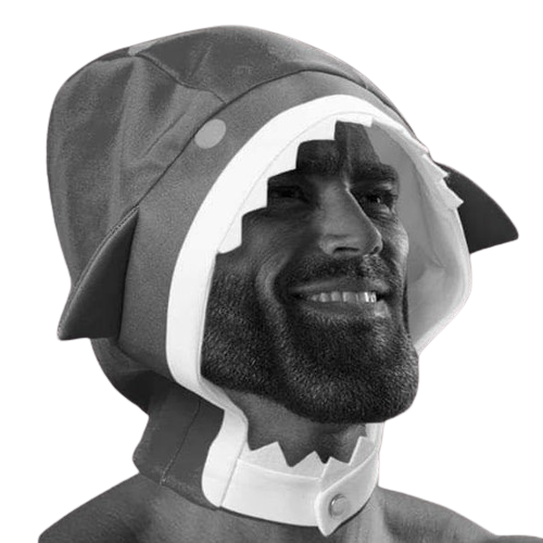 Man in shark costume, showcasing confidence and humor.
