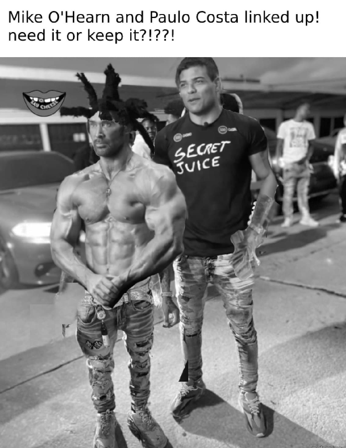 Two muscular men posing together with humorous captions.