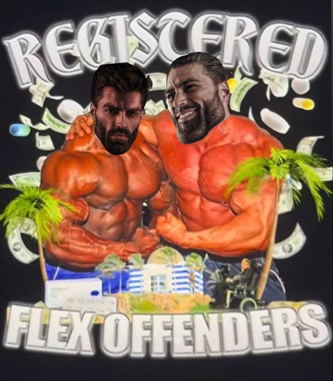 Muscular men flexing with humorous text about flex offenders.