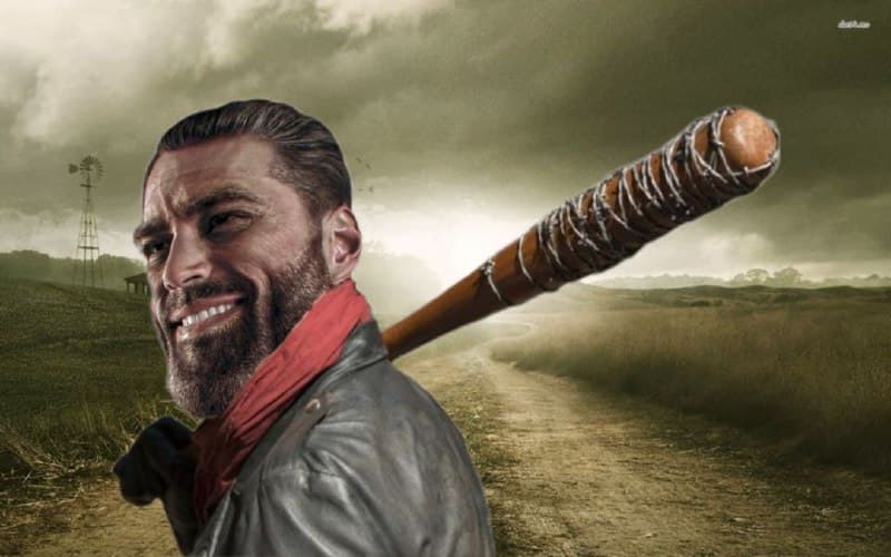 Muscular man with bat, grinning in a dark landscape.