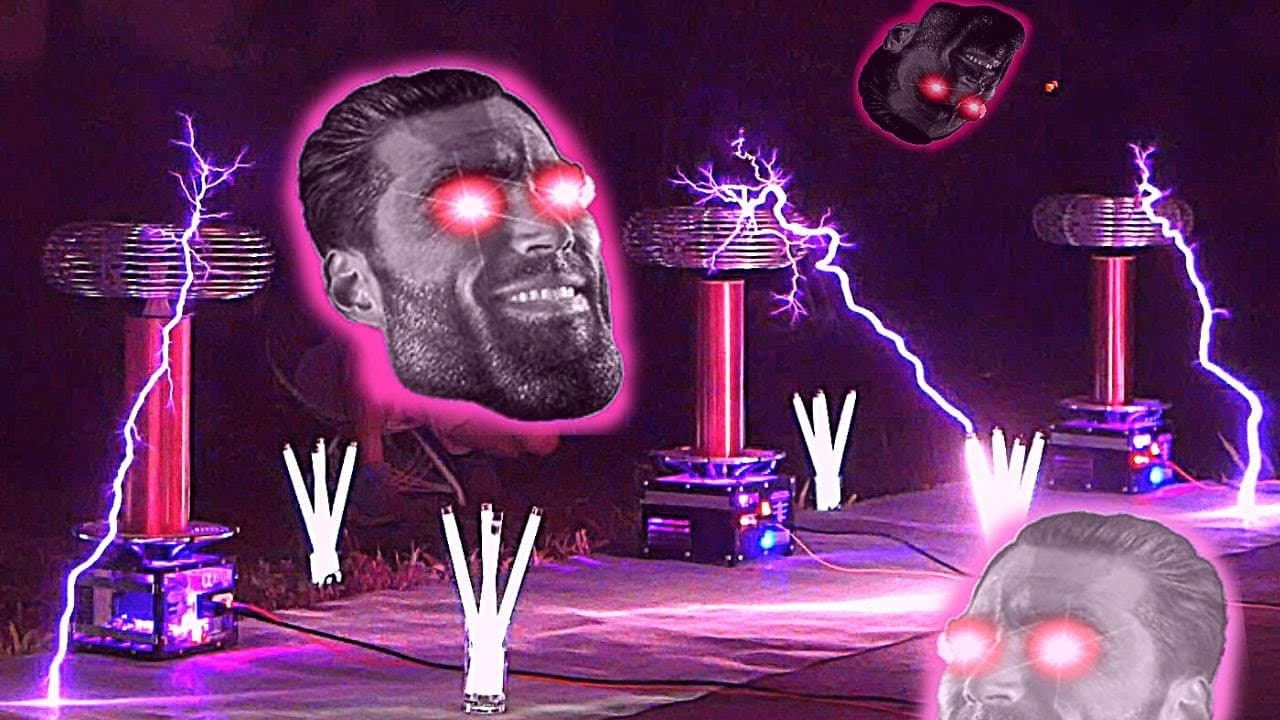 Muscular man with red eyes in electric environment.