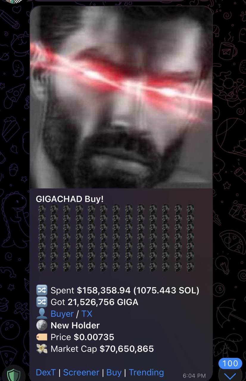 GigaChad meme with red eyes and crypto purchase info.