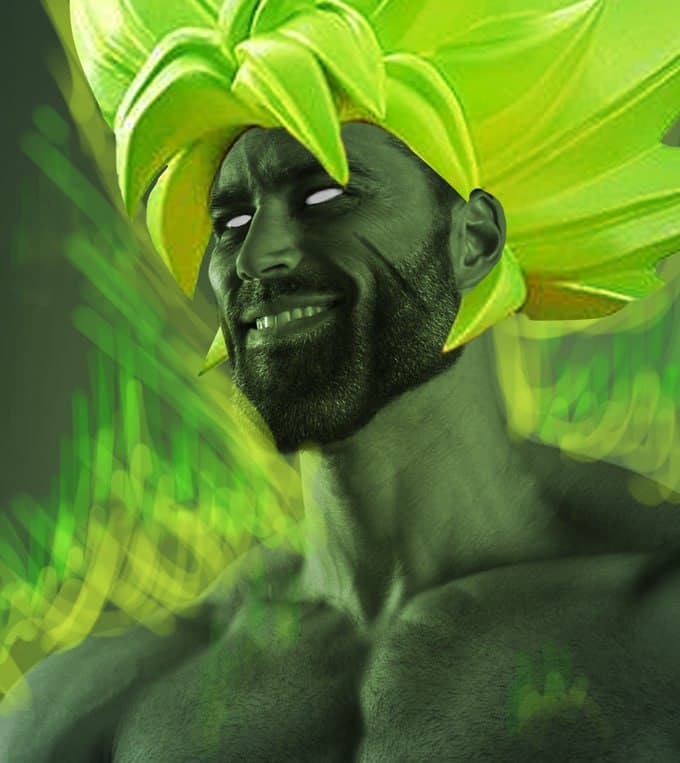 Muscular man with spiky green hairstyle and a big smile.