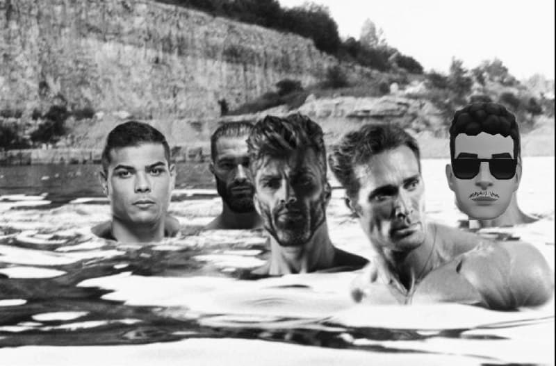 A group of confident muscular men in water.