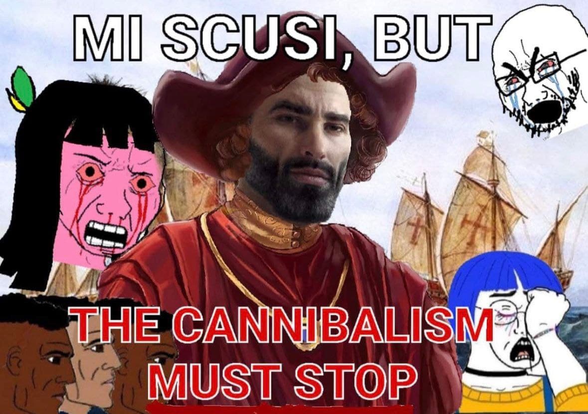 Man in historical attire demands to stop cannibalism amidst cartoon characters.