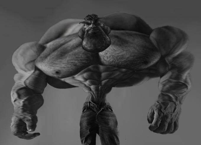 Exaggerated muscular figure showcasing peak physical strength.