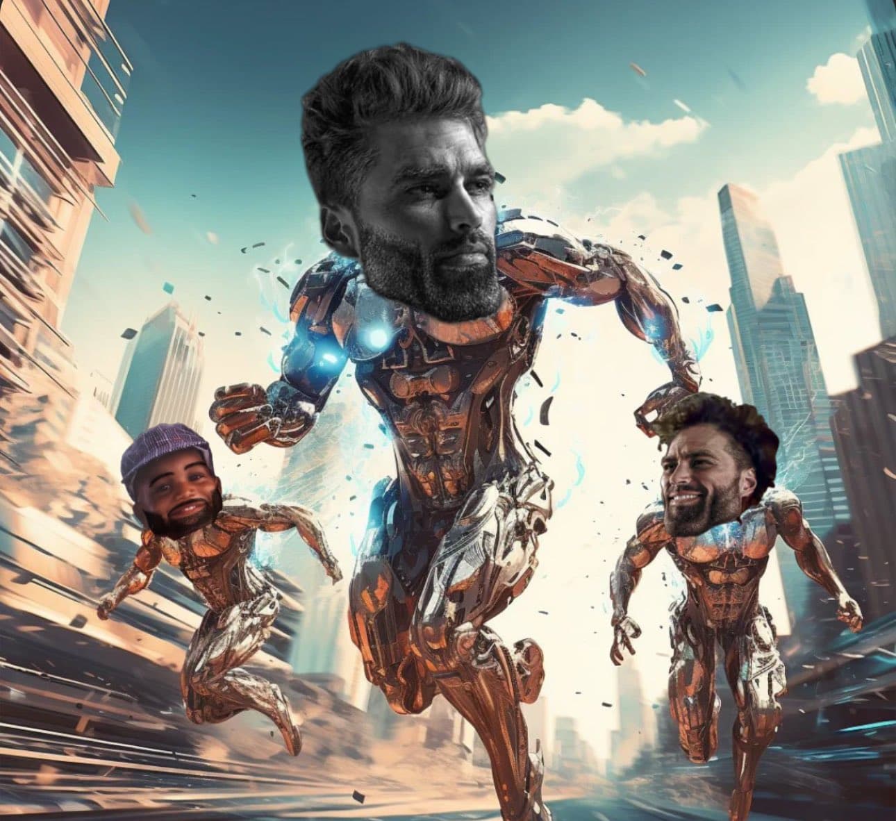 Robotic figures with human heads racing in a futuristic city.