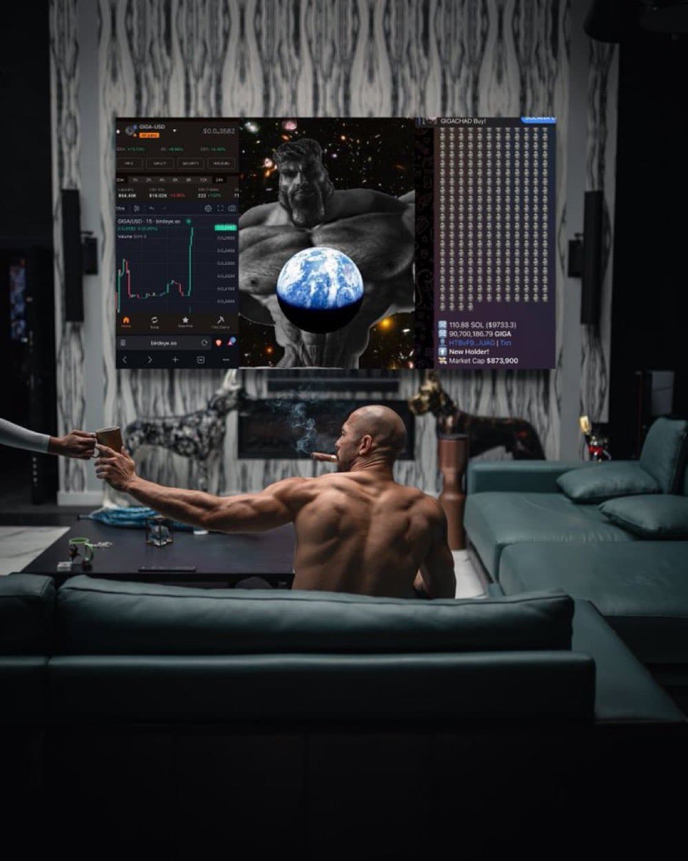 Muscular man receiving a drink while watching crypto data on a screen.