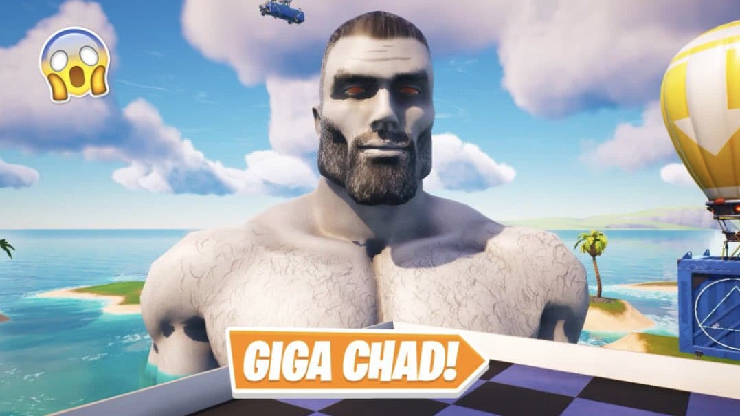 A muscular figure named Giga Chad with a beach view.