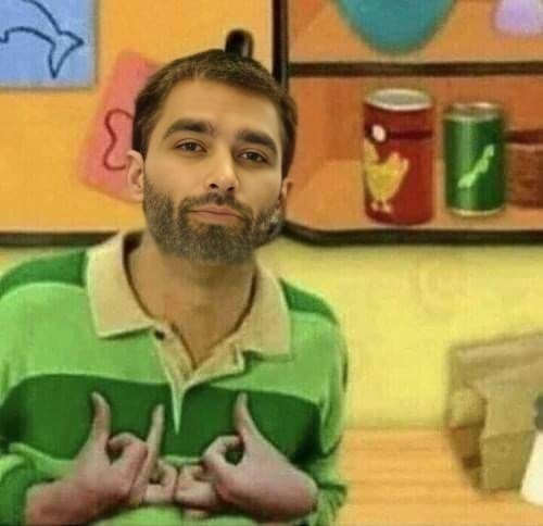 Bearded man making a playful gesture in a cartoon setting.