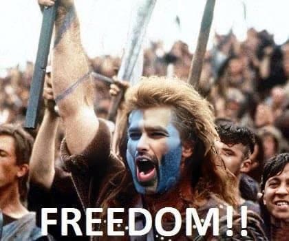 A man shouting freedom with a sword in a cheering crowd.