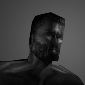 Stylized muscular man with a geometric head in grayscale.