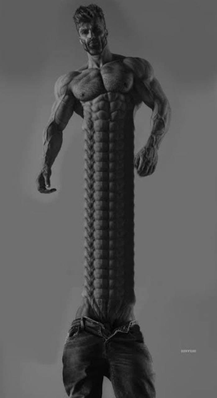 Muscular figure with an exaggerated long torso and jeans.