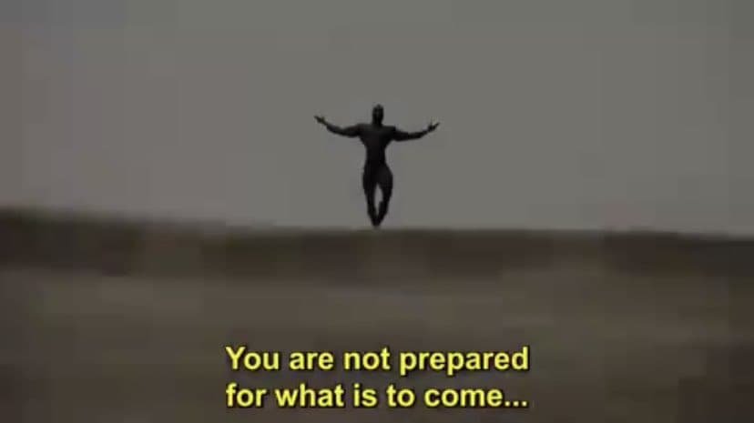 Silhouette with arms open in a barren landscape, ominous message below.