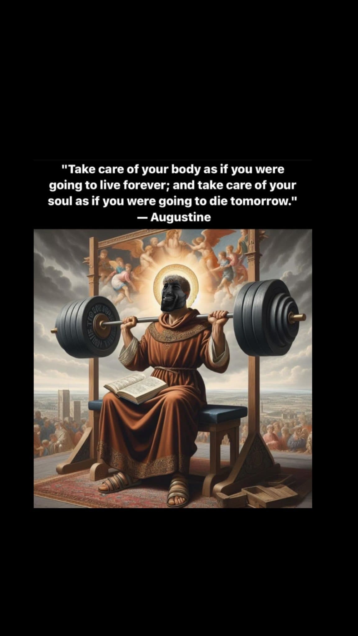 Muscular figure lifting weights in a divine setting.