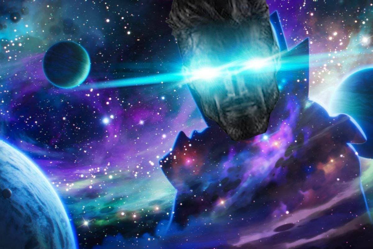 A muscular figure in outer space with glowing blue eyes.