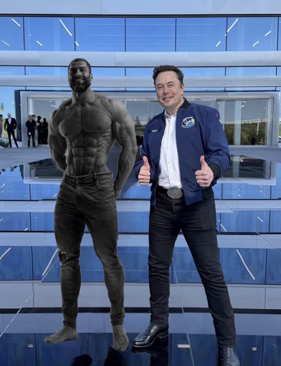Muscular figure with a man in a jacket in a modern setting.