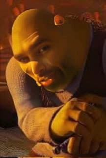 GigaChad face on Shrek character, humorous mashup.
