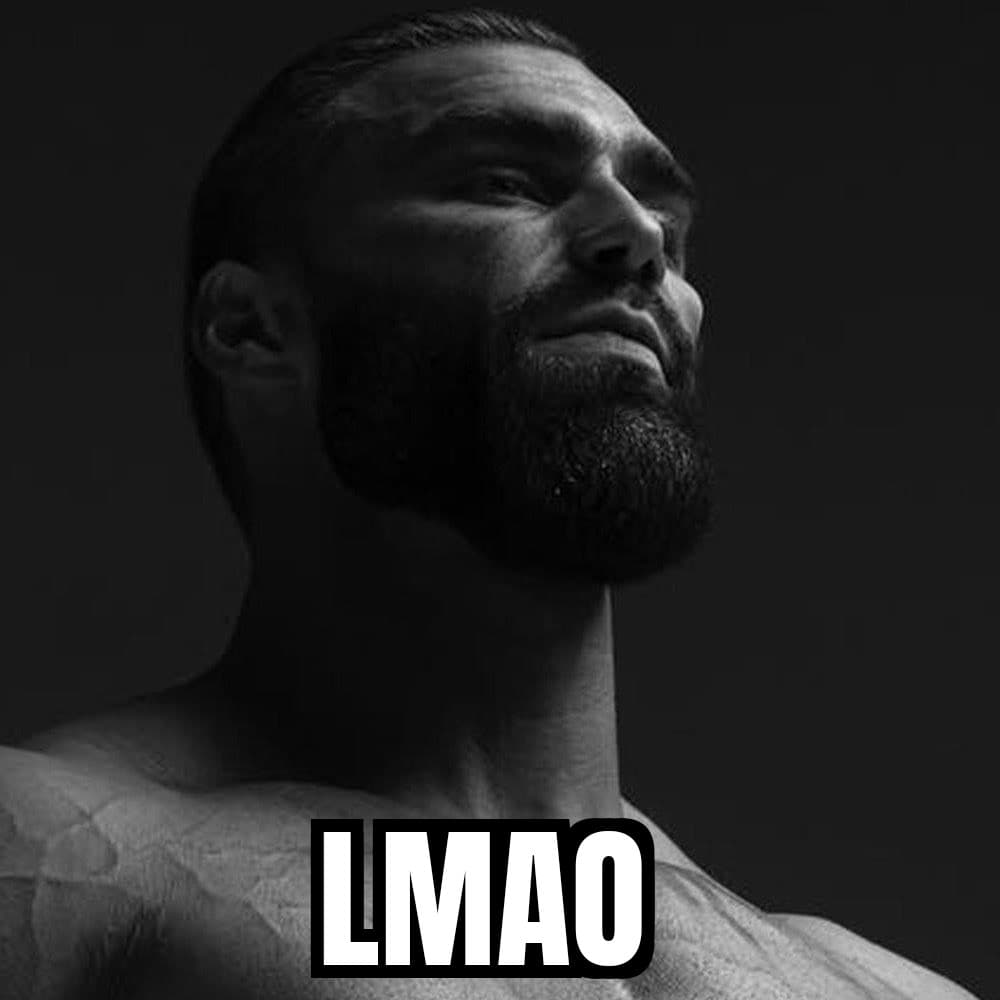 Muscular man looking up with 'LMAO' text overlay.