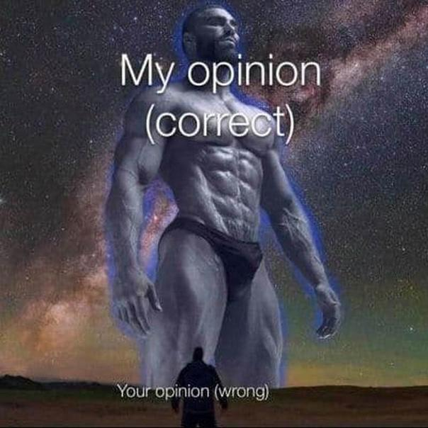 A muscular giant dominates a small person, symbolizing strong opinions.