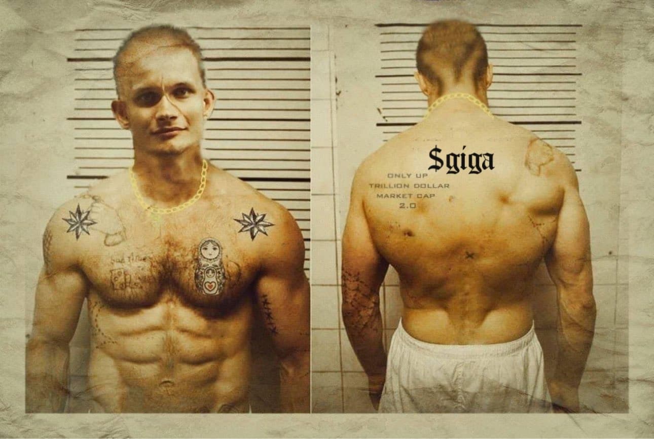 Muscular man with tattoos, showing '$giga' text on back.