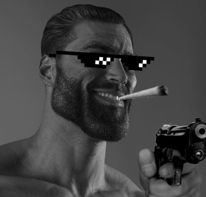 Confident man with glasses, gun, and cigarette.