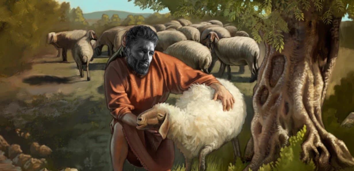 Muscular man with beard holding a sheep in a serene landscape.