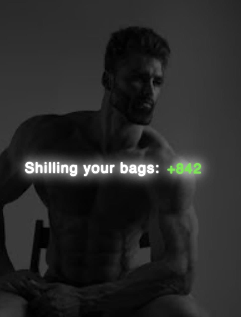 A confident muscular man with a meme caption.