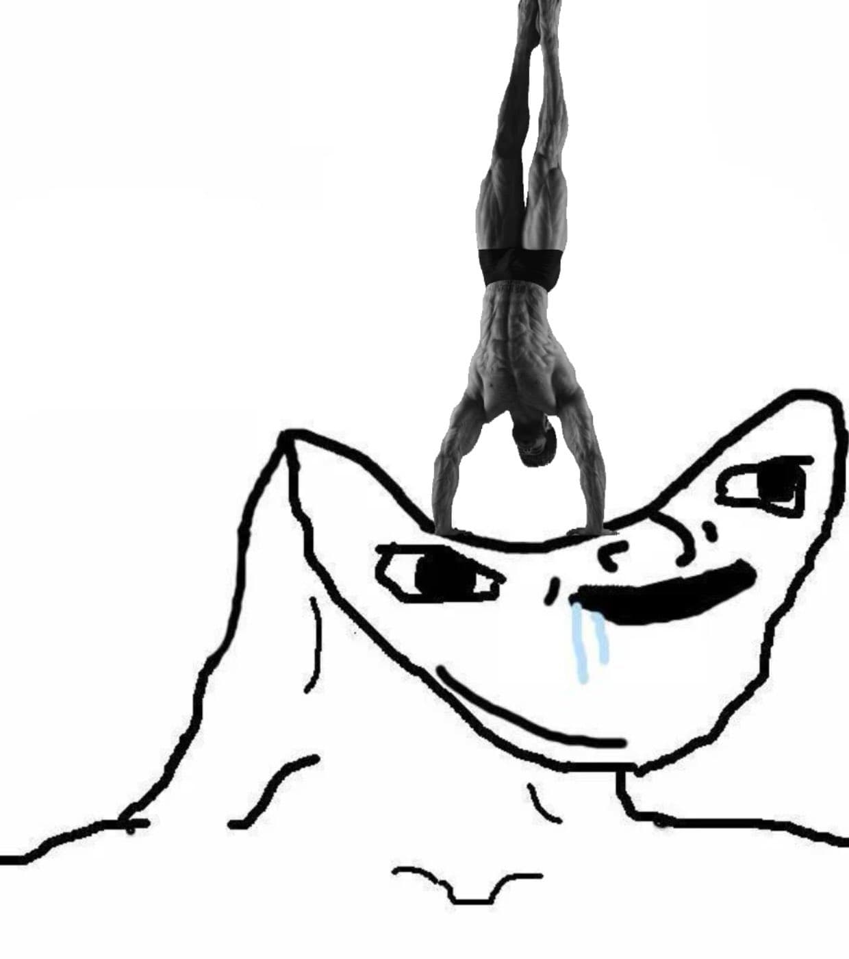 Muscular man handstands above smiling cartoon figure.