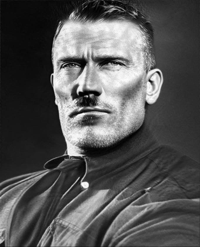 A muscular man with an intense gaze in a dark shirt.