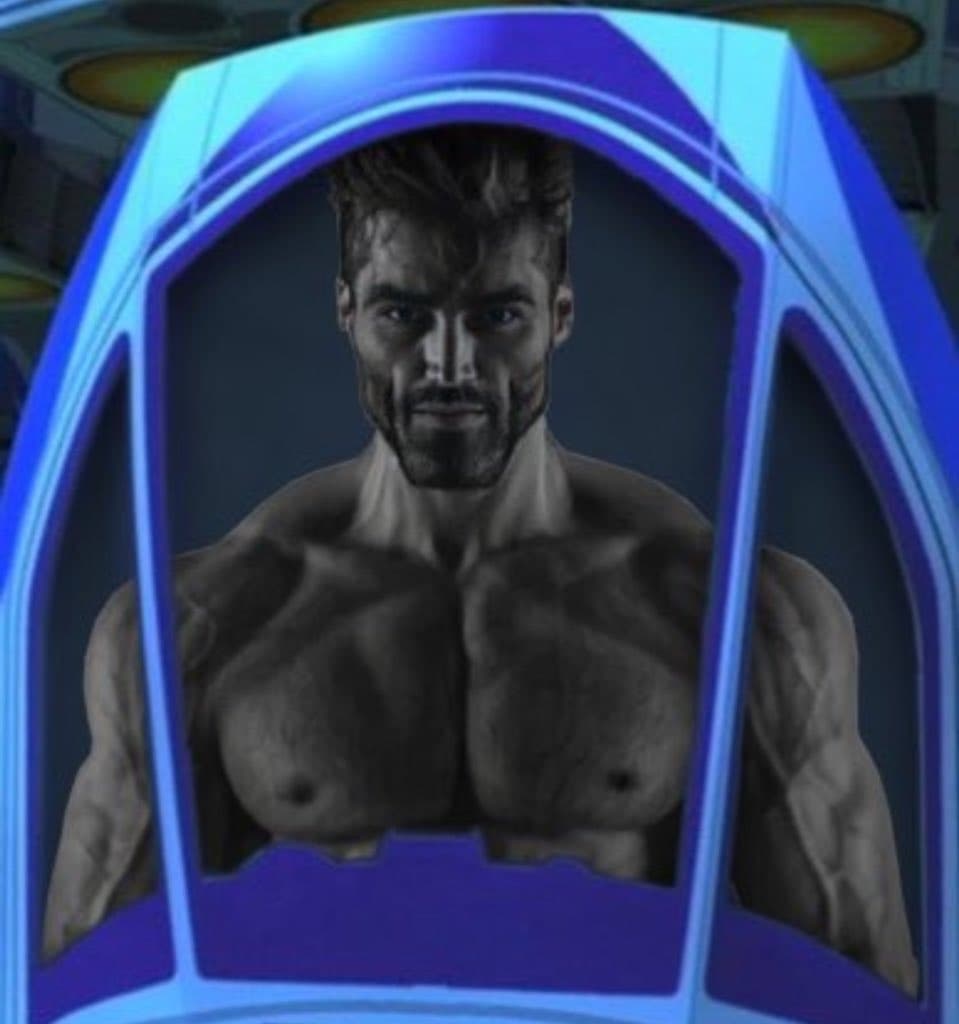 Muscular man inside a futuristic pod, looking confident.