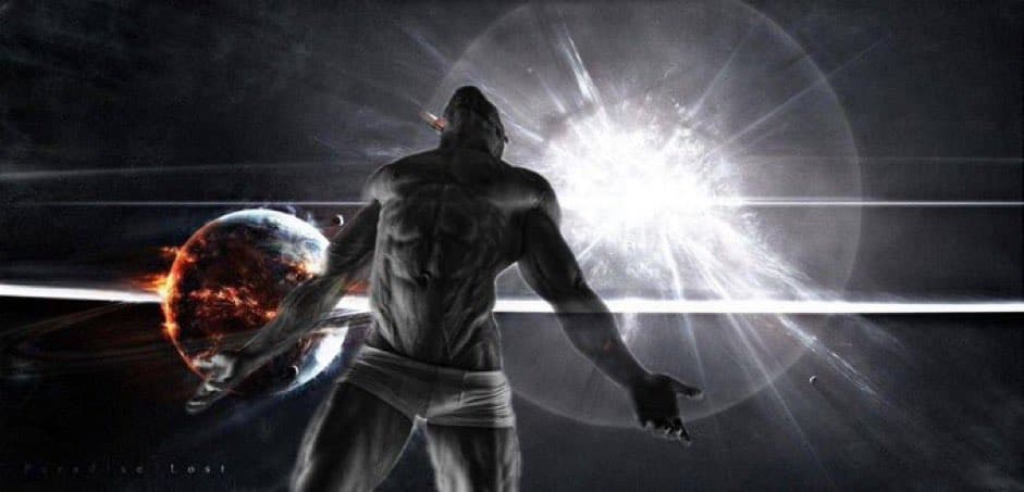 A muscular figure poses dramatically in a cosmic setting.
