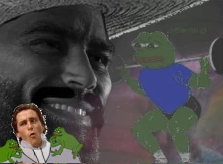 Muscular figure lifting weights with surprised man and Pepe.