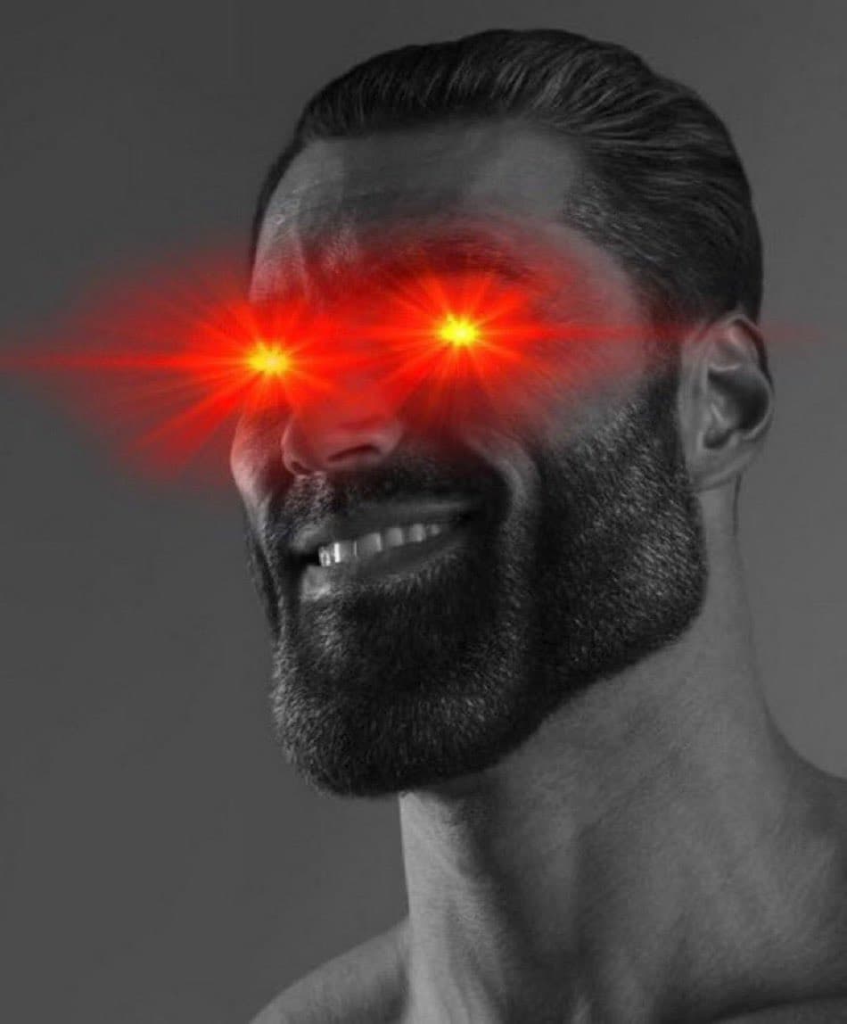 Muscular man with glowing red eyes and a confident smile.