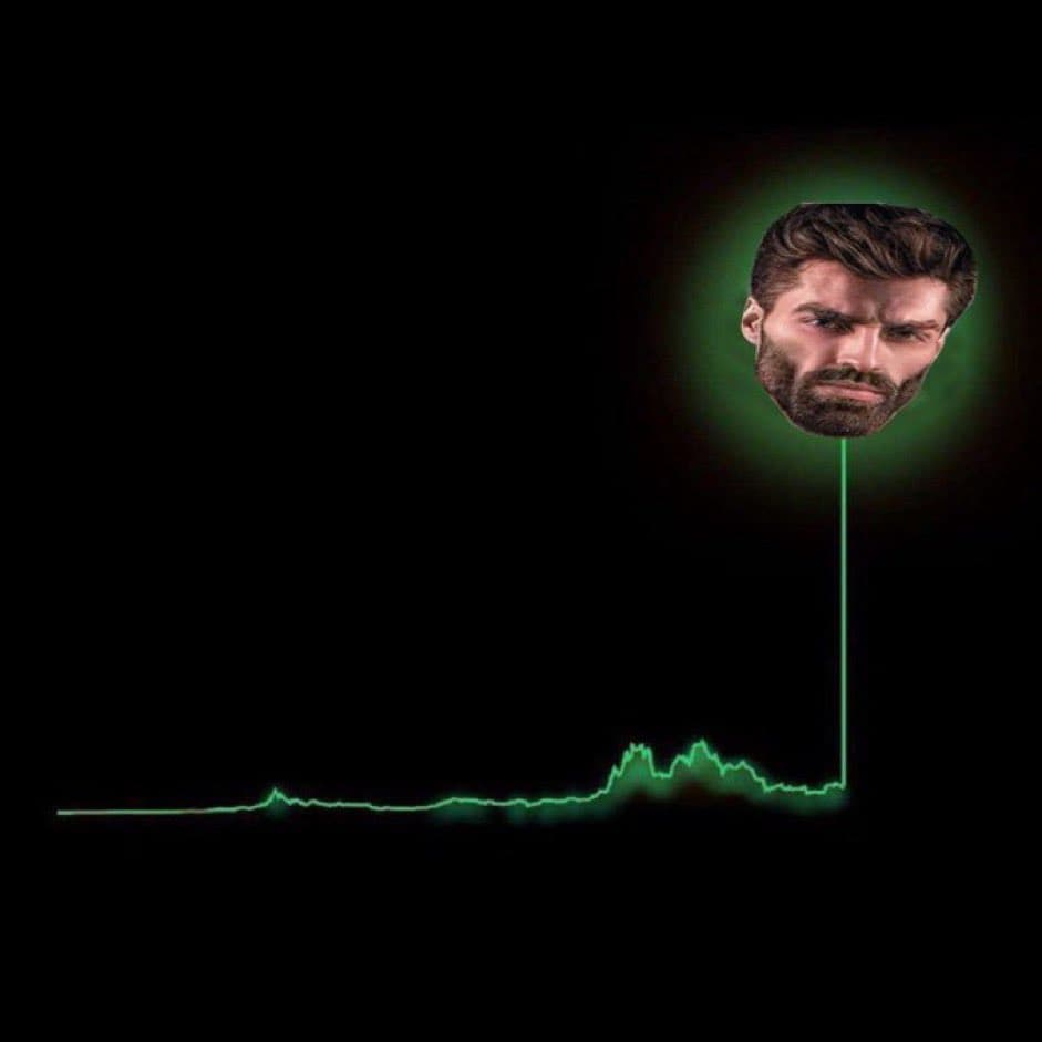 A line graph with a muscular man's head at the peak.