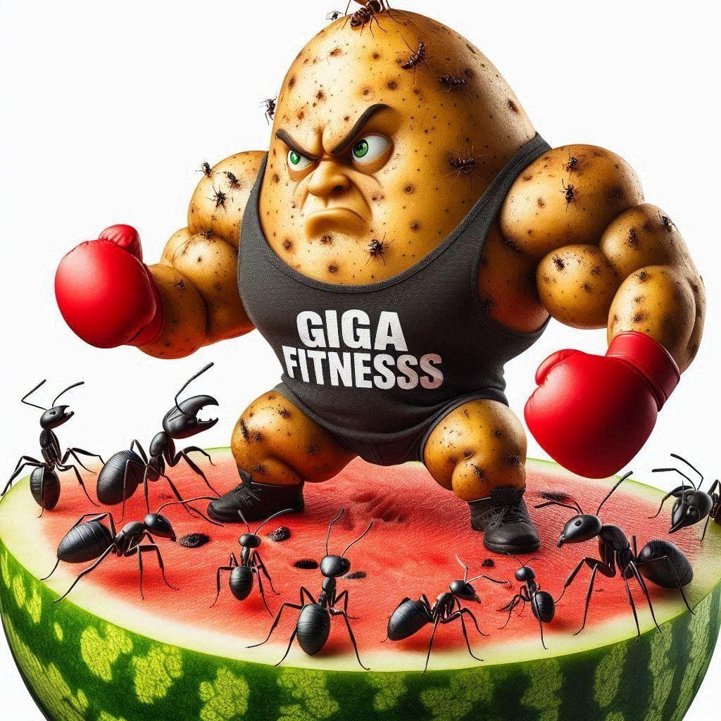 Muscular potato with boxing gloves battling ants on a watermelon.
