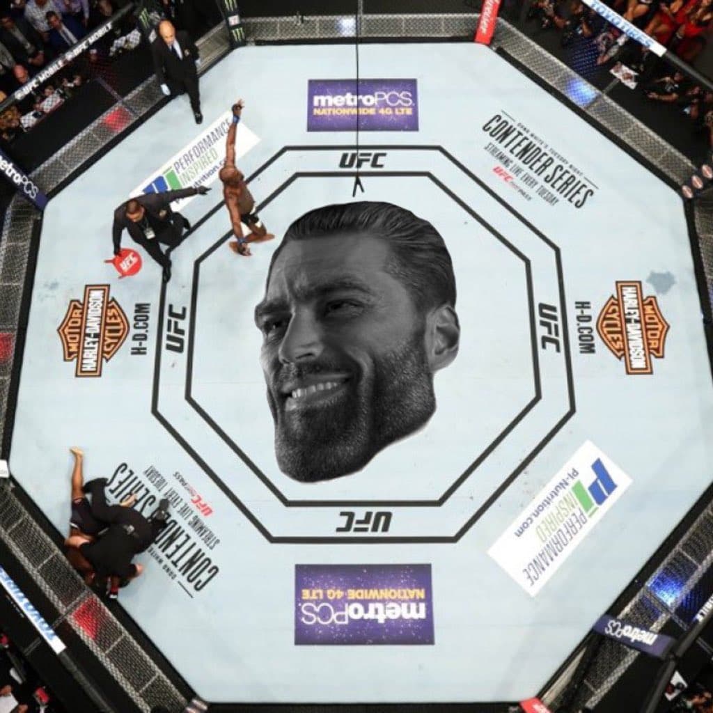 GigaChad's face humorously dominates a UFC victory scene.