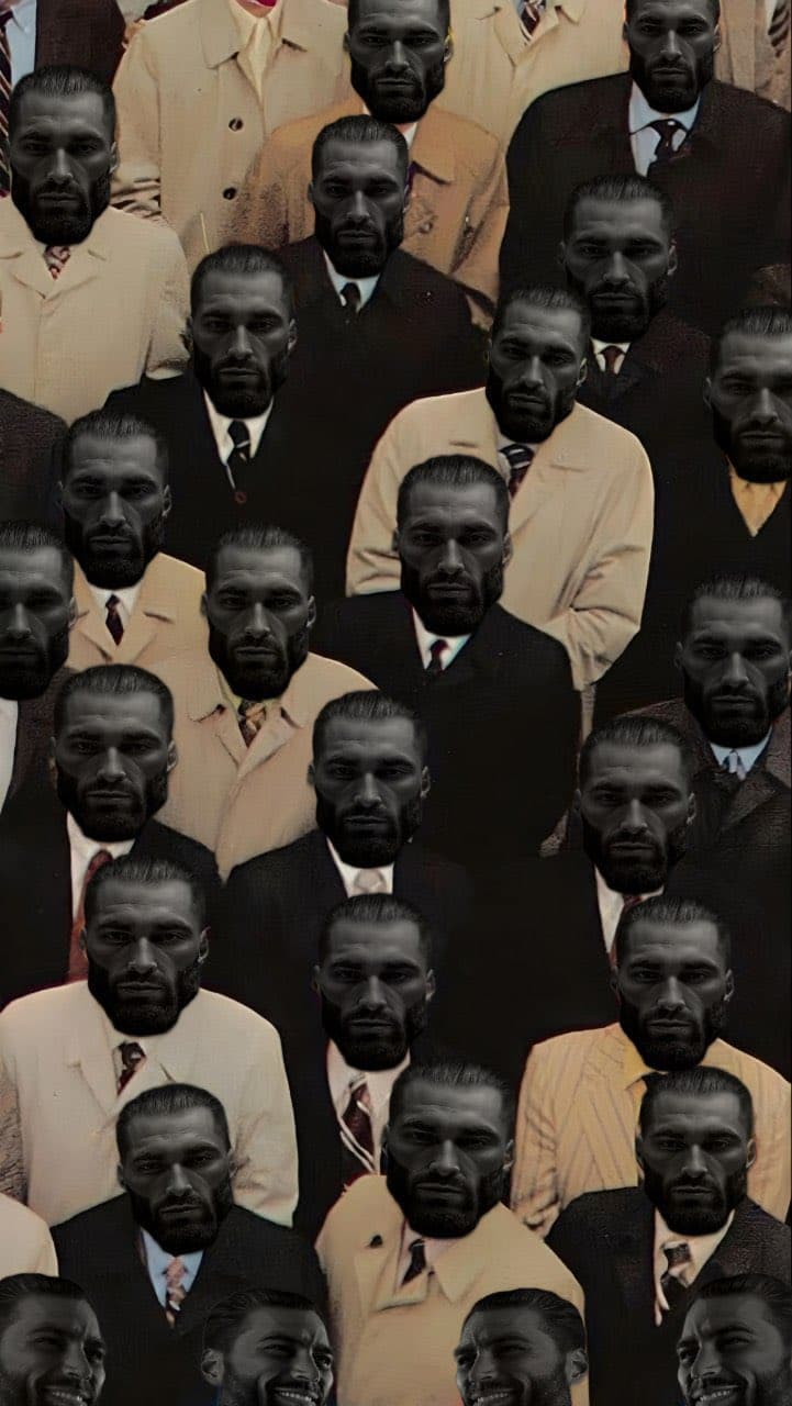 A crowd photo with GigaChad faces replacing original men's faces.