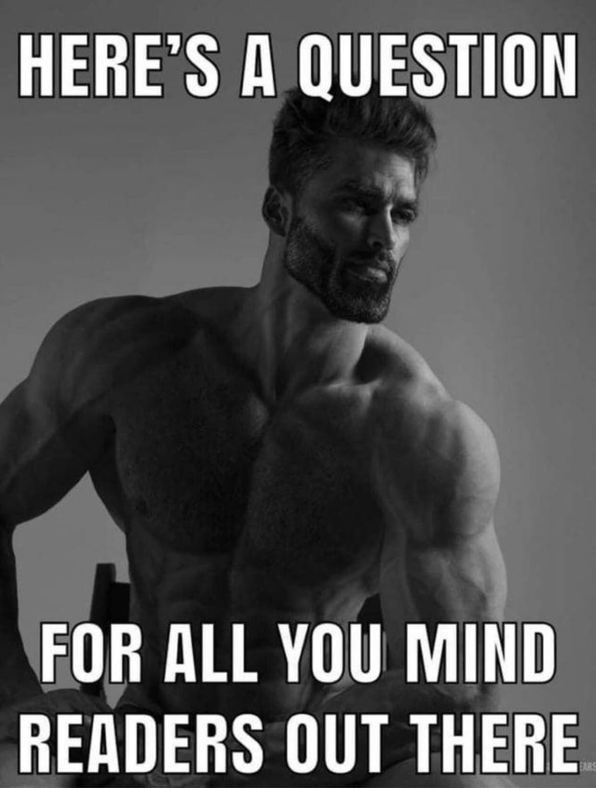 Muscular man with intense expression and bold question text.