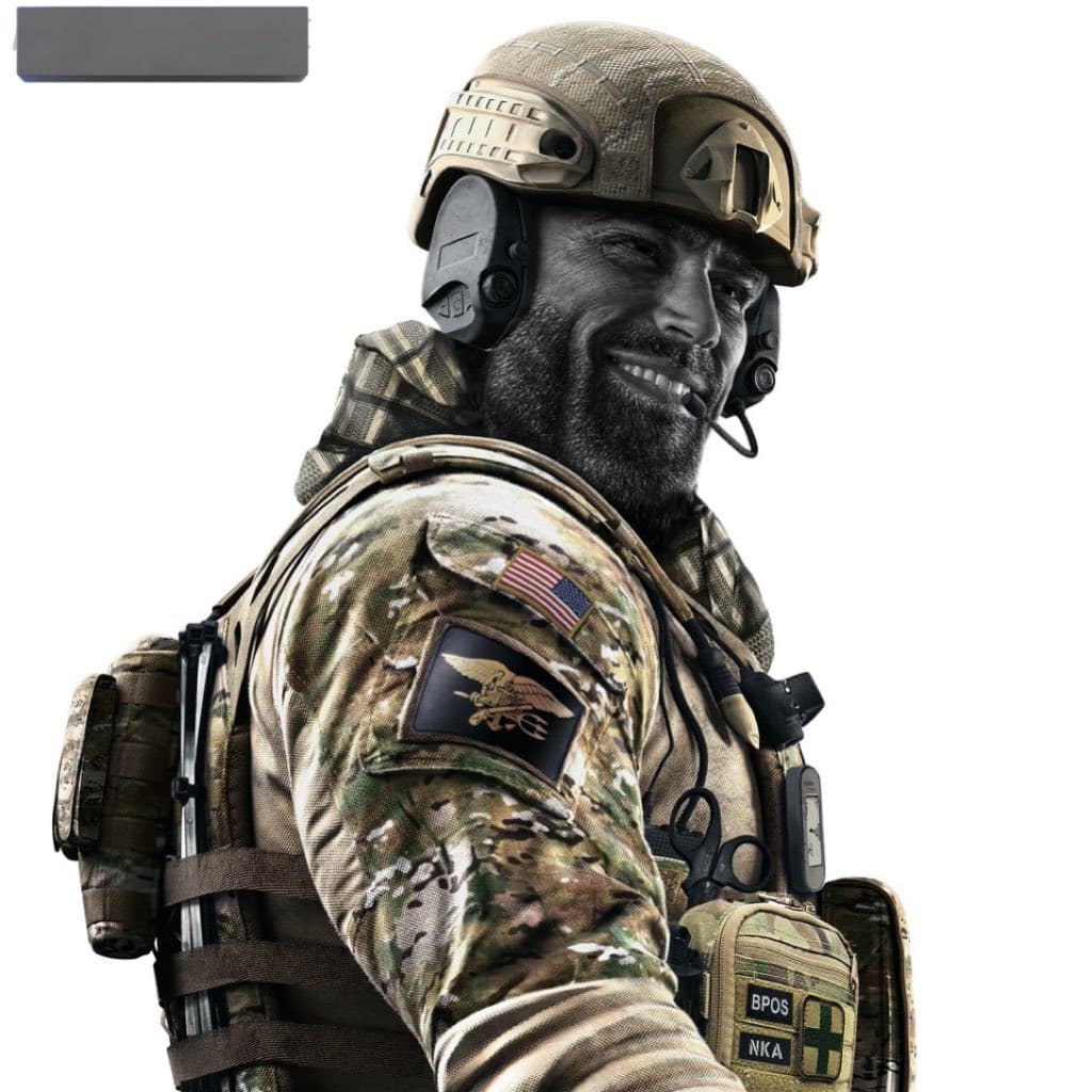 Muscular soldier with a confident smirk in tactical gear.