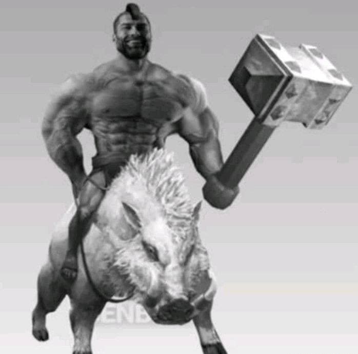 Muscular man on boar holding a hammer.