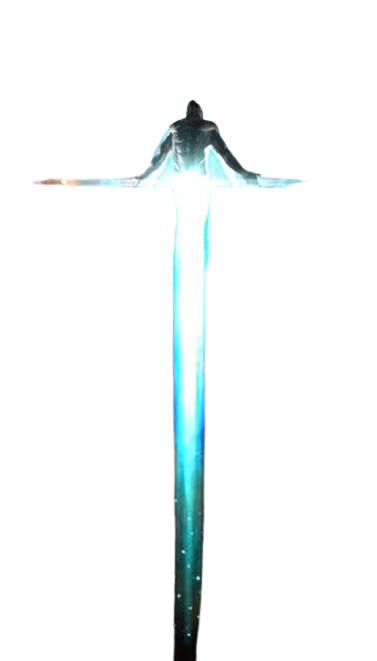 A glowing figure with arms outstretched radiates light.