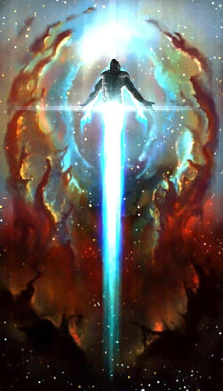 A powerful figure rises from a cosmic swirl of colors.