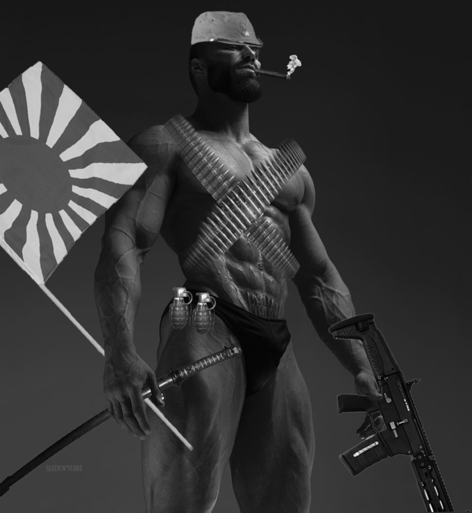 Muscular man with military gear and a flag stands confidently.