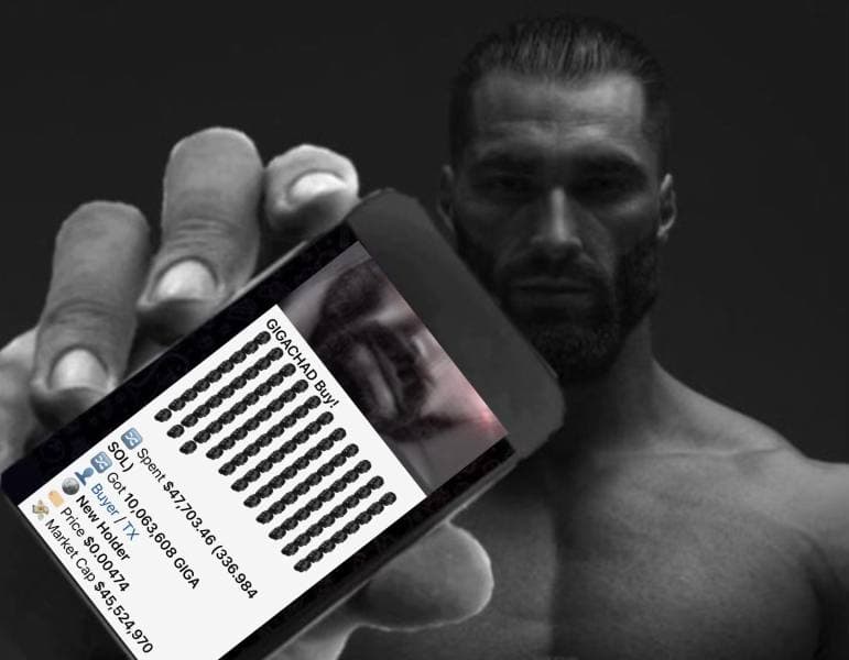 Muscular man holding a phone with GigaChad details.